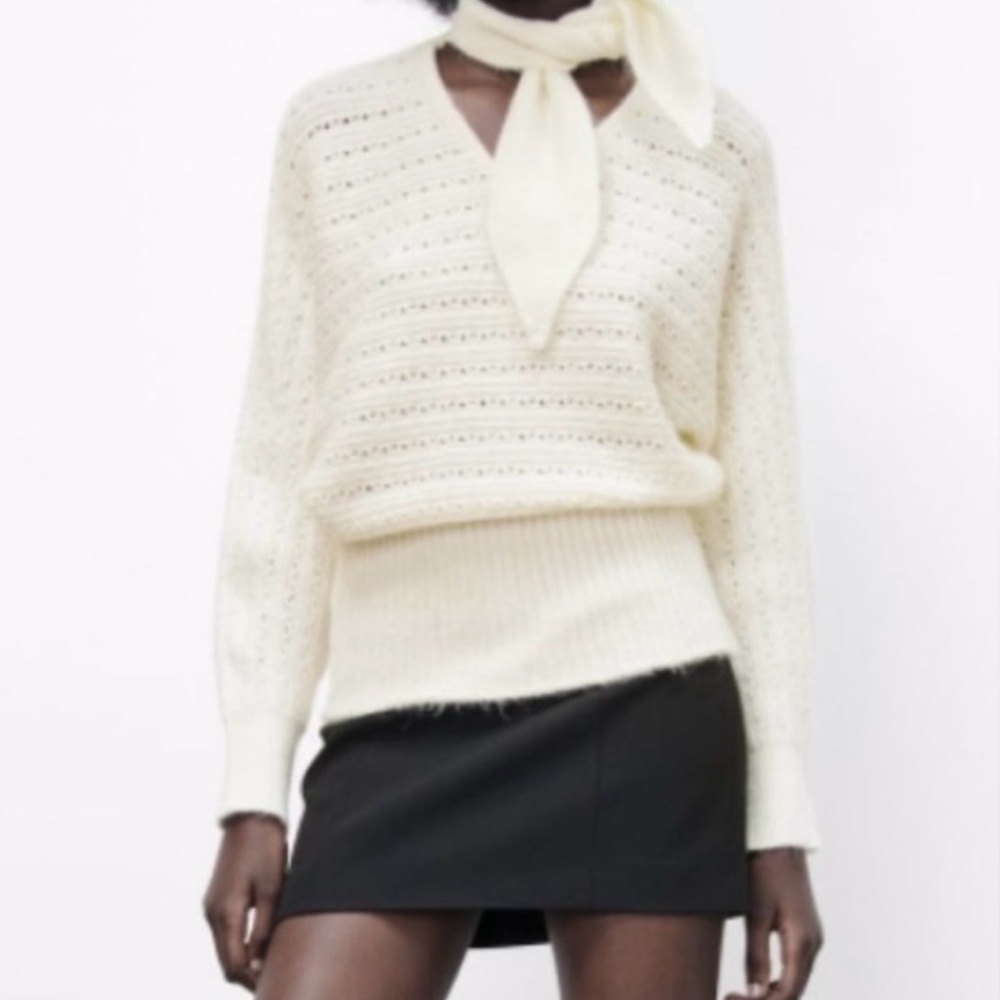 NWOT - Zara Crochet Sweater with Bat Sleeves & Attached Tie @ Neck - White -Sz L